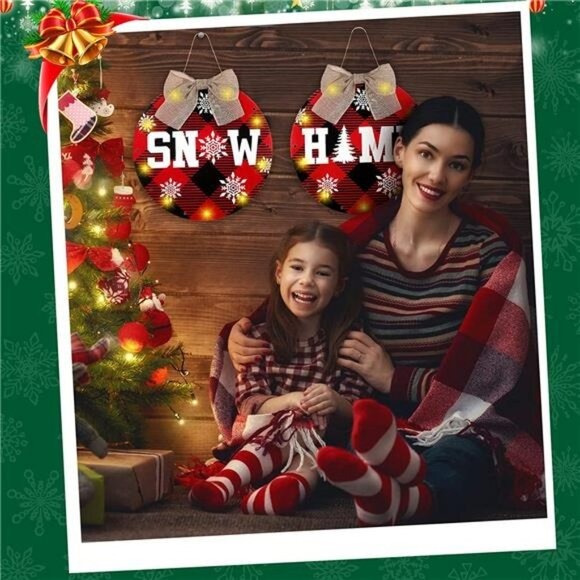 3 Pcs Christmas Buffalo Plaid Wreath Decoration LED Lights Hanging Sign Wooden - Picture 6 of 7